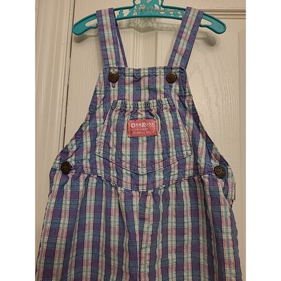 Osh Kosh B’Gosh Vintage Vestbak Pink Purple Plaid Overalls Bubble 4T Romper Deni - Picture 3 of 11